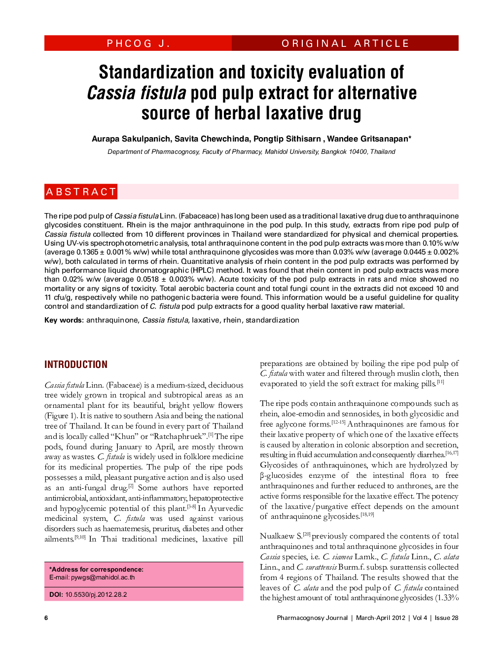 Standardization and toxicity evaluation of Cassia fistula pod pulp extract for alternative source of herbal laxative drug