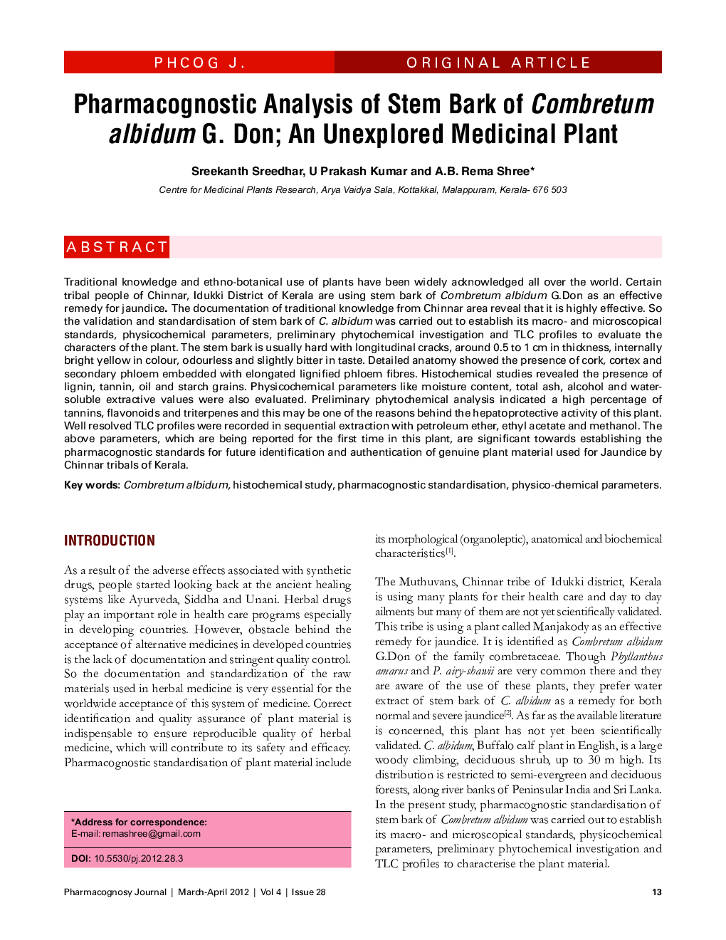 Pharmacognostic Analysis of Stem Bark of Combretum albidum G. Don; An Unexplored Medicinal Plant