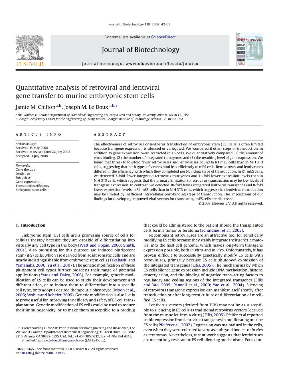 Quantitative analysis of retroviral and lentiviral gene transfer to murine embryonic stem cells