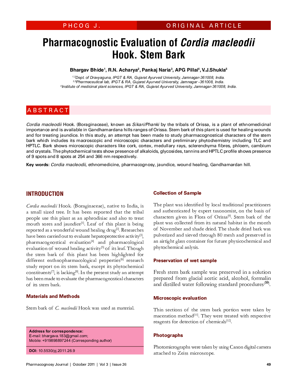 Pharmacognostic Evaluation of Cordia macleodii Hook. Stem Bark