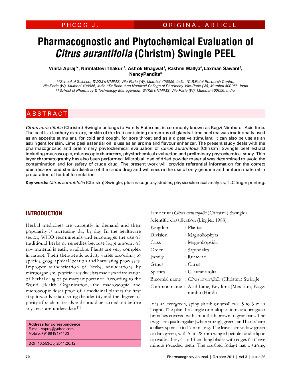 Pharmacognostic and Phytochemical Evaluation of Citrus aurantifolia (Christm) Swingle PEEL