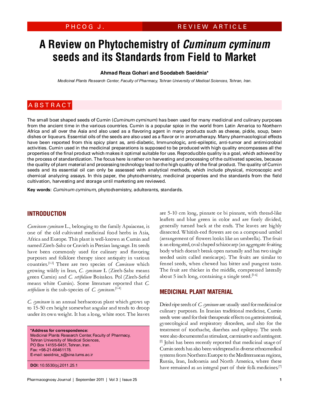 A Review on Phytochemistry of Cuminum cyminum seeds and its Standards from Field to Market