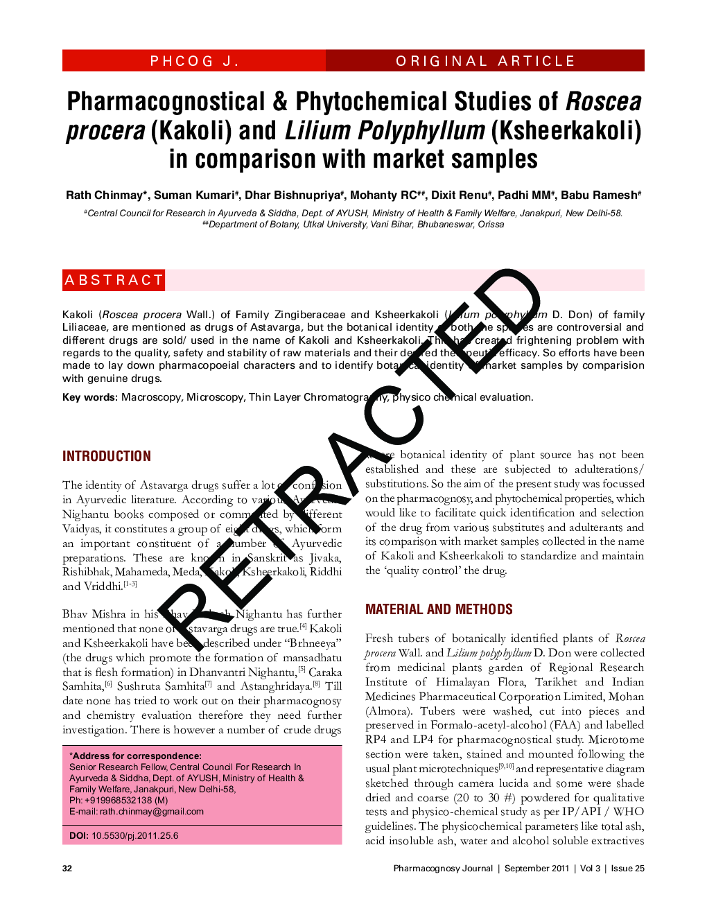 Retracted: Pharmacognostical & Phytochemical Studies of Roscea procera (Kakoli) and Lilium Polyphyllum (Ksheerkakoli) in comparison with market samples