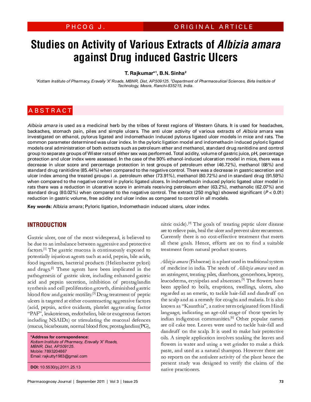 Studies on Activity of Various Extracts of Albizia amara against Drug induced Gastric Ulcers