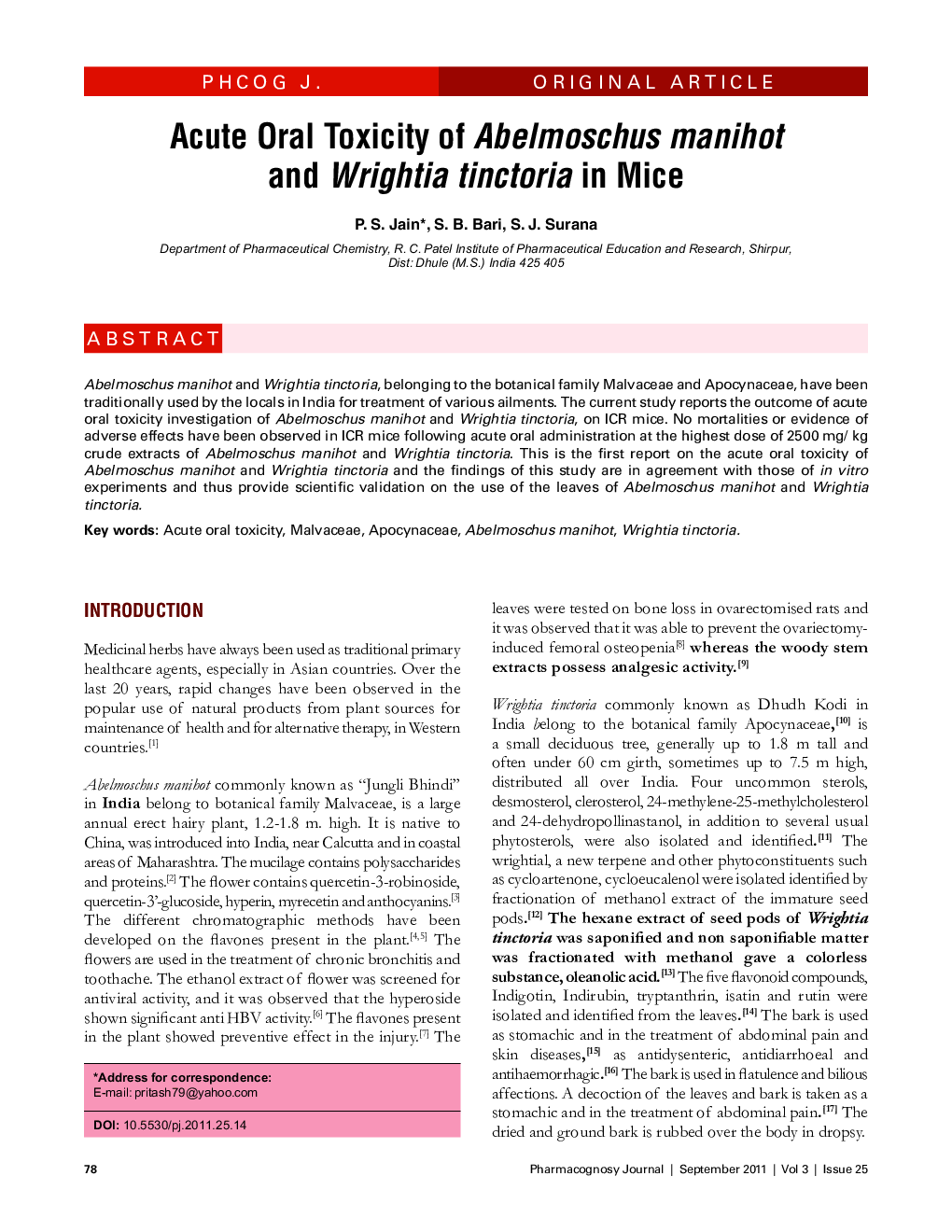 Acute Oral Toxicity of Abelmoschus manihot and Wrightia tinctoria in Mice