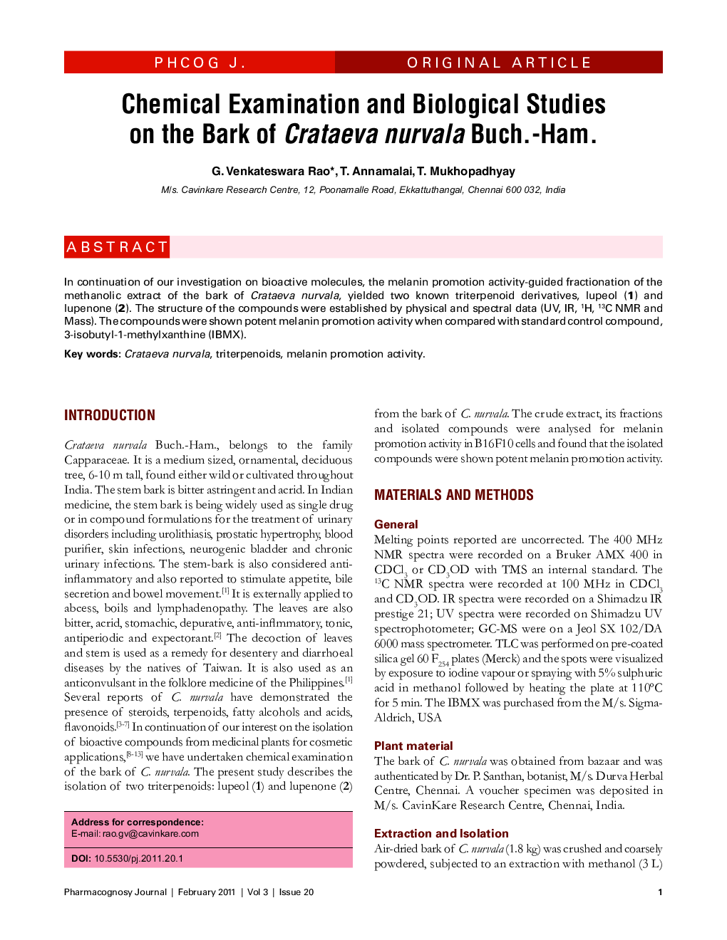 عکس صفحه اول مقاله: Chemical Examination and Biological Studies on the Bark of Crataeva nurvala Buch.-Ham. Chemical Examination and Biological Studies on the Bark of Crataeva nurvala Buch.-Ham.