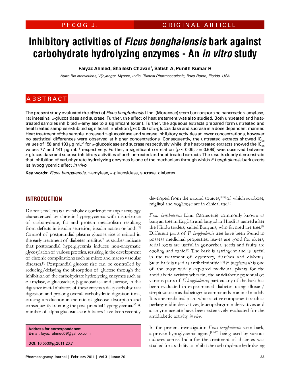 Inhibitory activities of Ficus benghalensis bark against carbohydrate hydrolyzing enzymes - An in vitro study