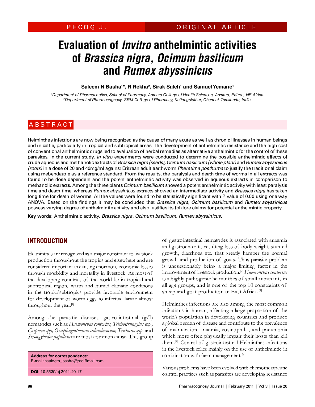 Evaluation of Invitro anthelmintic activities of Brassica nigra, Ocimum basilicum and Rumex abyssinicus