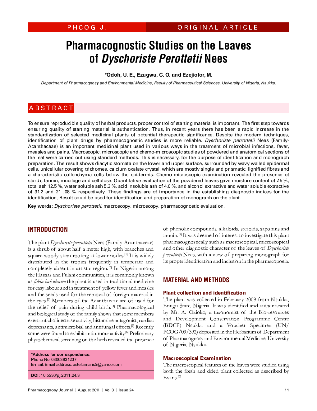 Pharmacognostic Studies on the Leaves of Dyschoriste Perottetii Nees