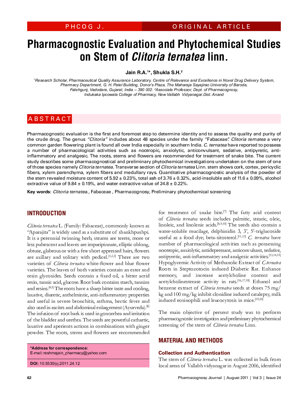 Pharmacognostic Evaluation and Phytochemical Studies on Stem of Clitoria ternatea linn.