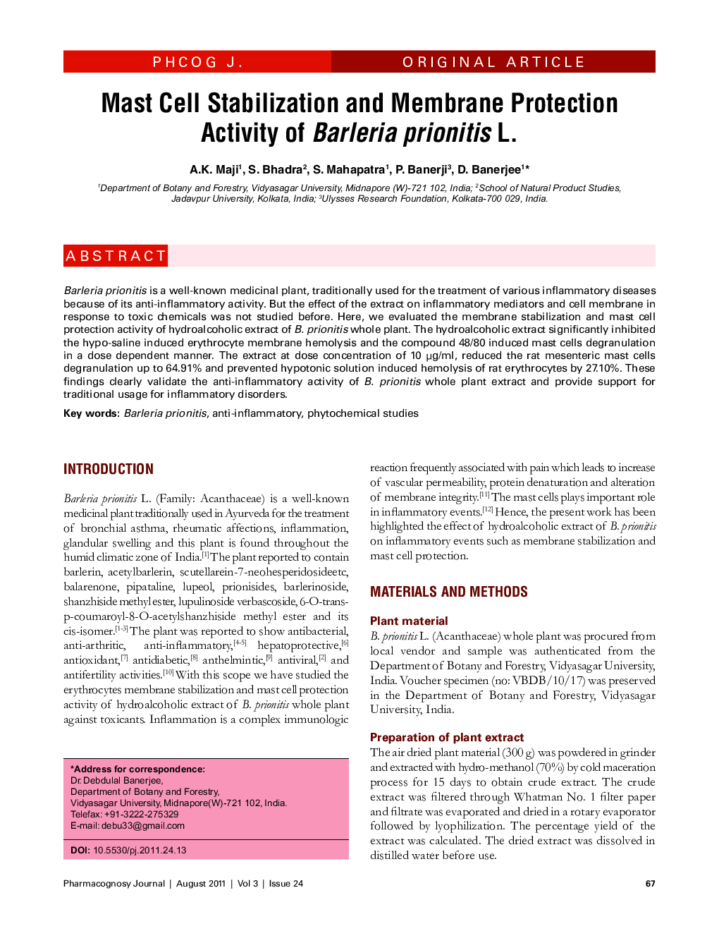 Mast Cell Stabilization and Membrane Protection Activity of Barleria prionitis L.