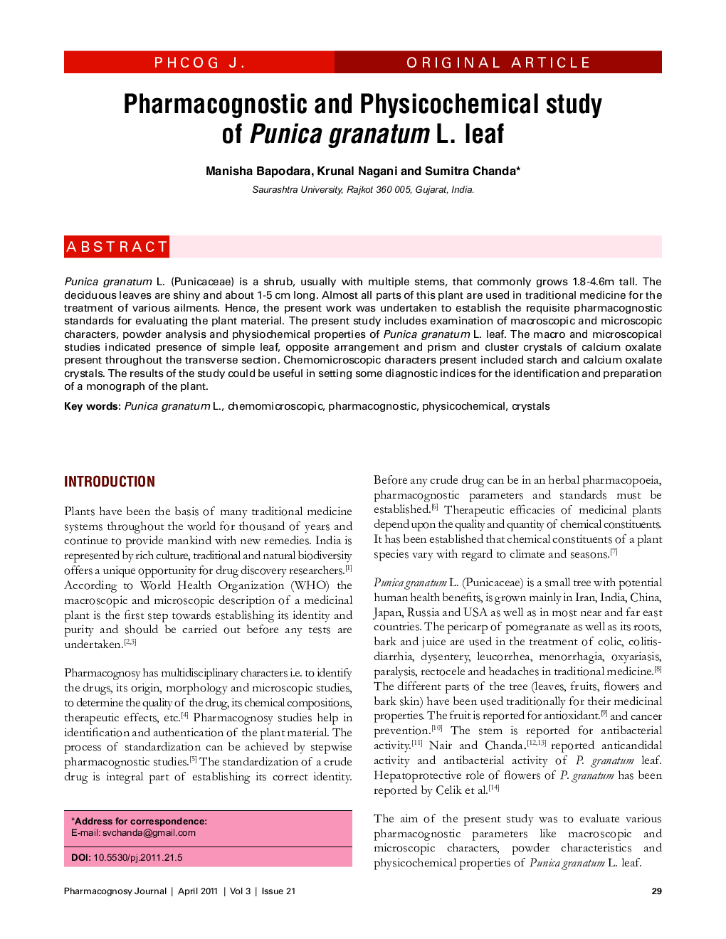 Pharmacognostic and Physicochemical study of Punica granatum L. leaf