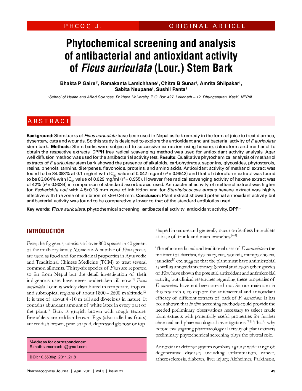 Phytochemical screening and analysis of antibacterial and antioxidant activity of Ficus auriculata (Lour.) Stem Bark