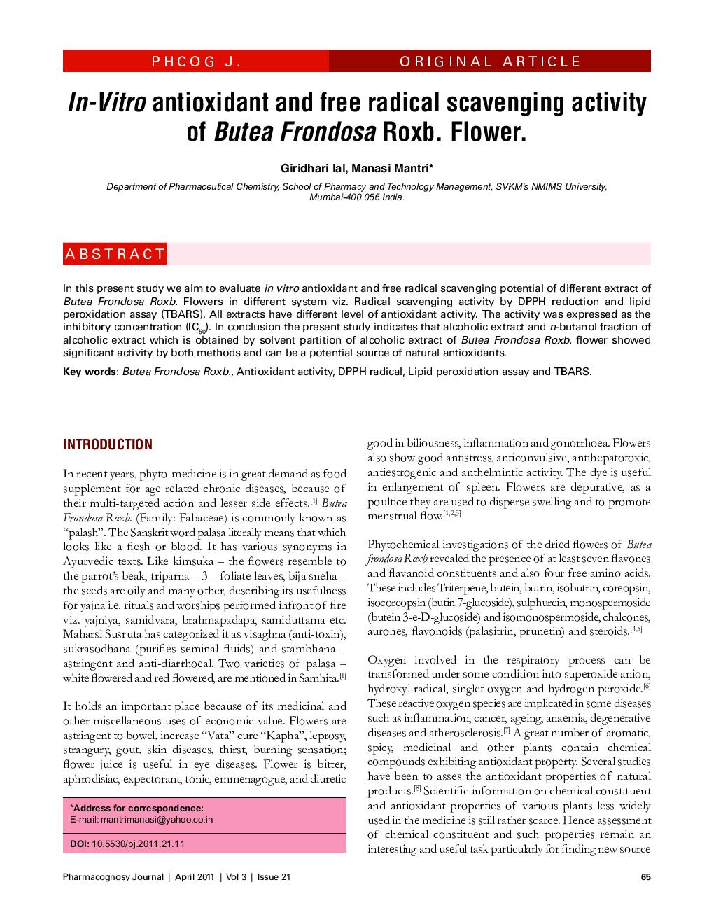 In-Vitro antioxidant and free radical scavenging activity of Butea Frondosa Roxb. Flower