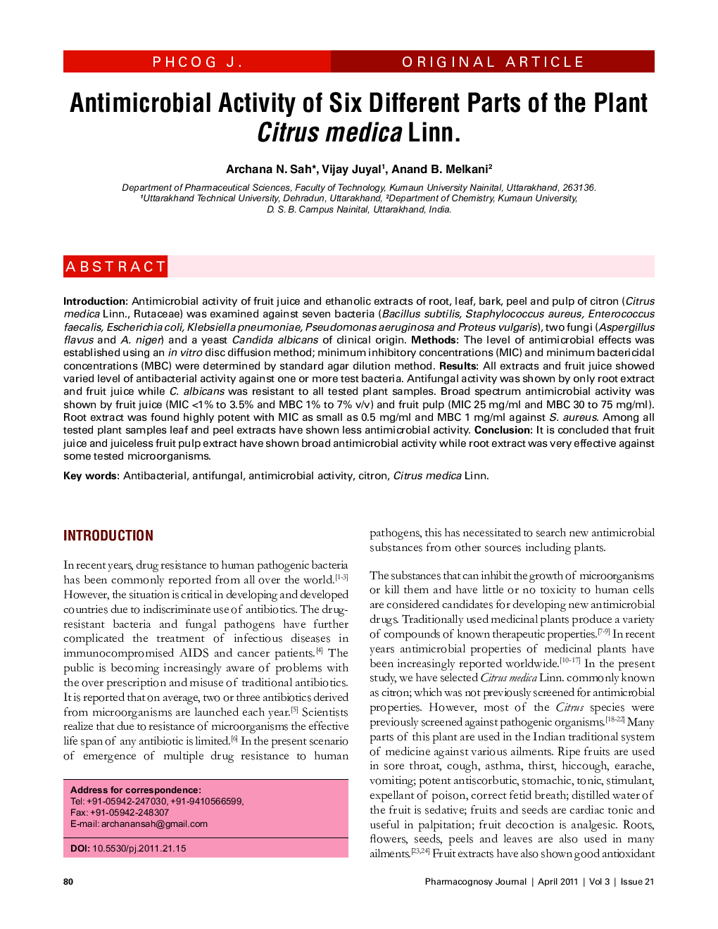 Antimicrobial Activity of Six Different Parts of the Plant Citrus medica Linn.