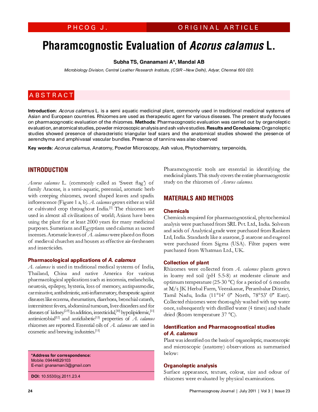 Pharamcognostic Evaluation of Acorus calamus L.