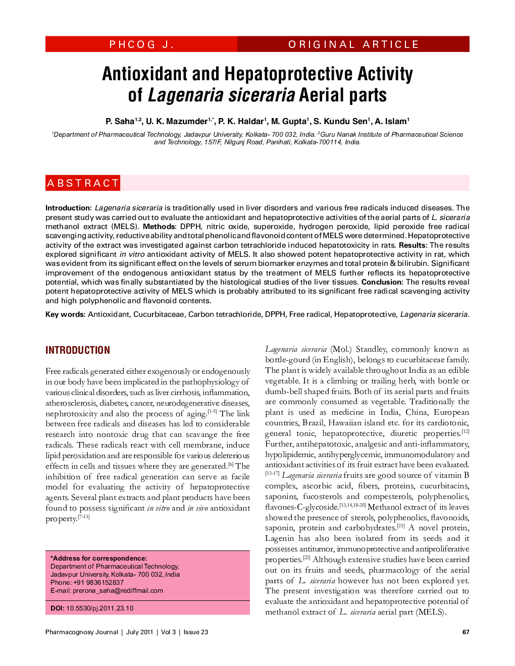 Antioxidant and Hepatoprotective Activity of Lagenaria siceraria Aerial parts
