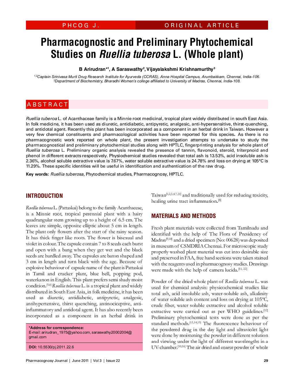 Pharmacognostic and Preliminary Phytochemical Studies on Ruellia tuberosa L. (Whole plant)