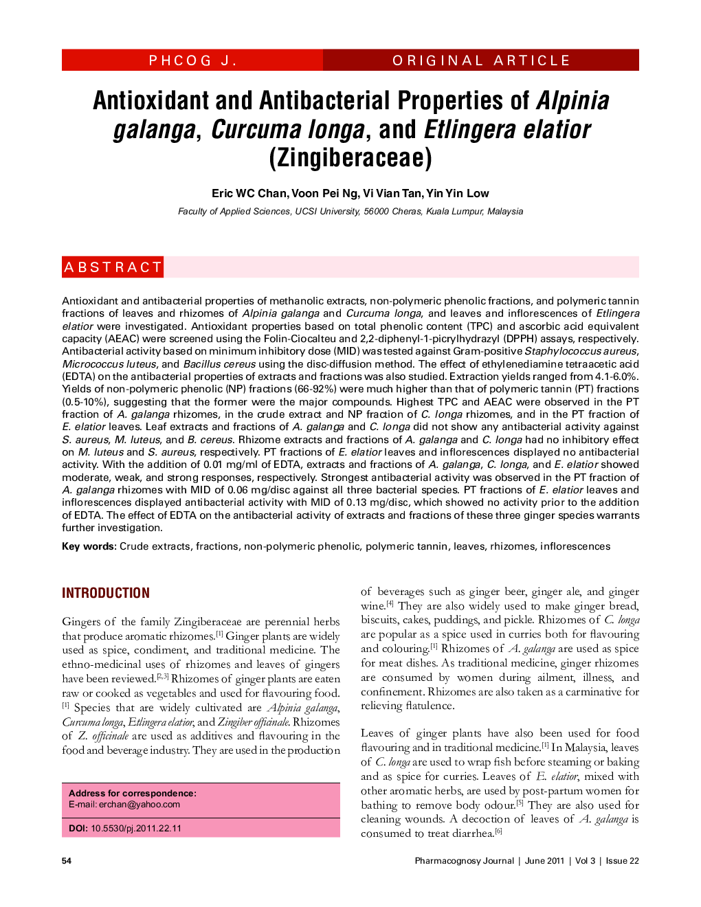 Antioxidant and Antibacterial Properties of Alpinia galanga, Curcuma longa, and Etlingera elatior (Zingiberaceae)