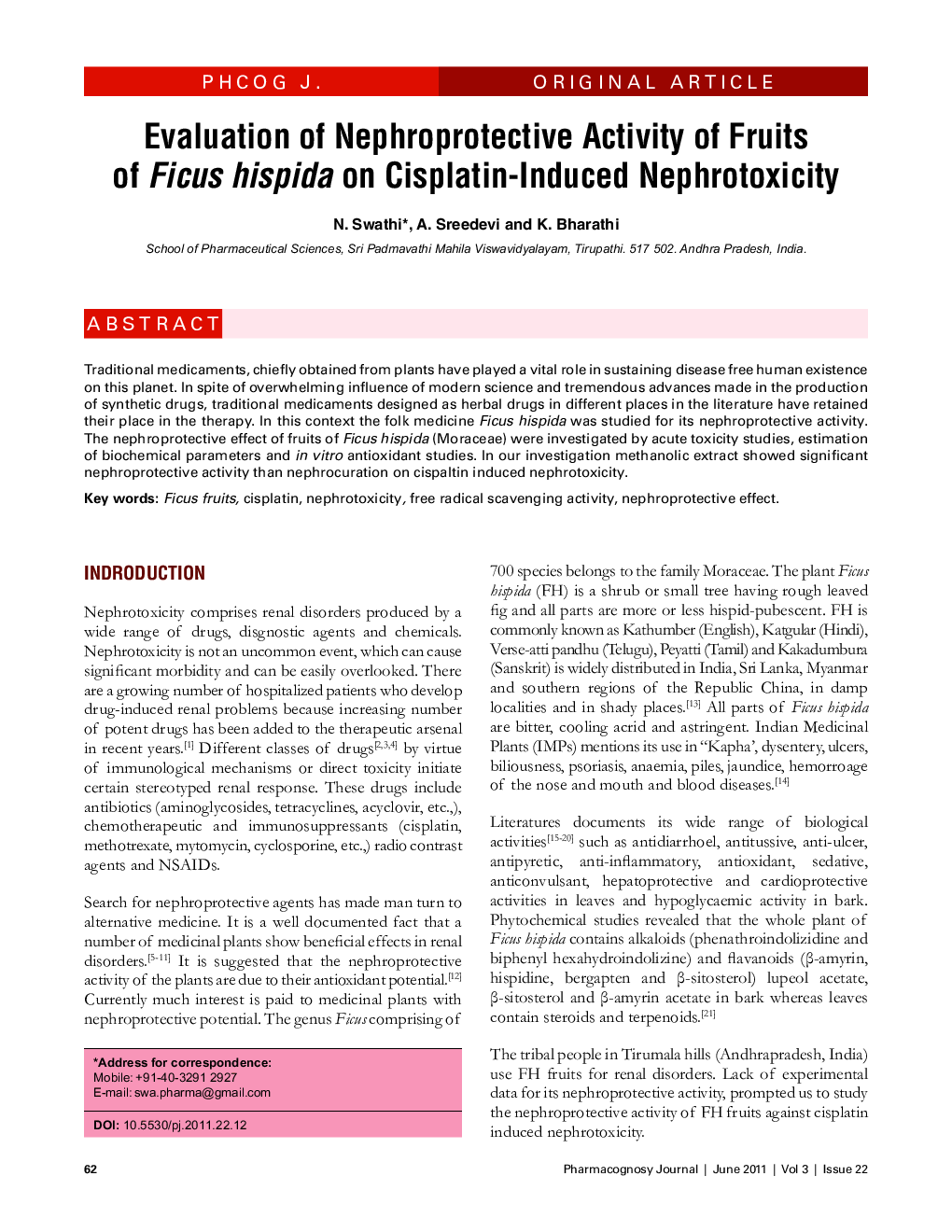 Evaluation of Nephroprotective Activity of Fruits of Ficus hispida on Cisplatin-Induced Nephrotoxicity