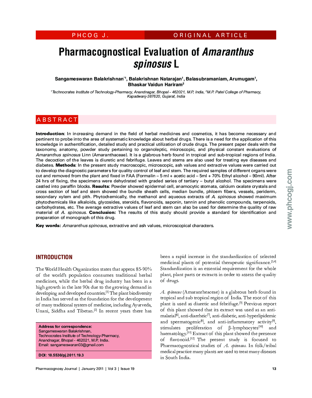 Pharmacognostical Evaluation of Amaranthus spinosus L