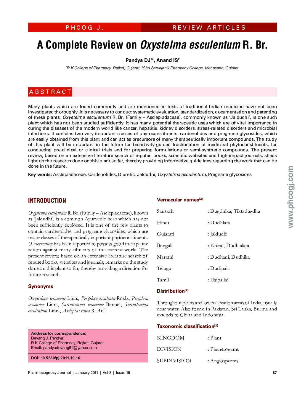 A Complete Review on Oxystelma esculentum R. Br.