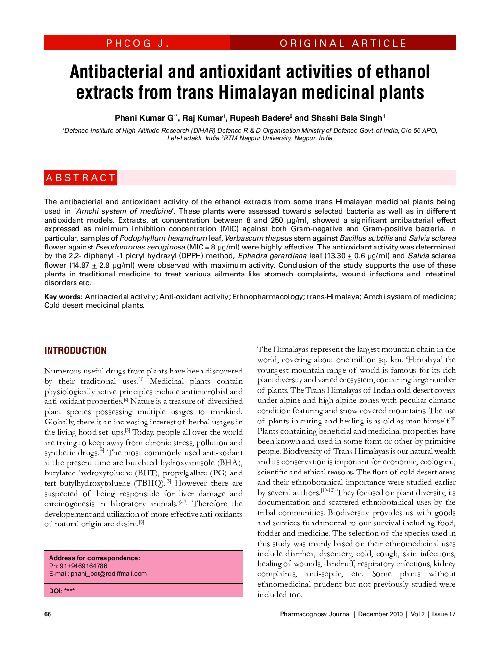 Antibacterial and antioxidant activities of ethanol extracts from trans Himalayan medicinal plants