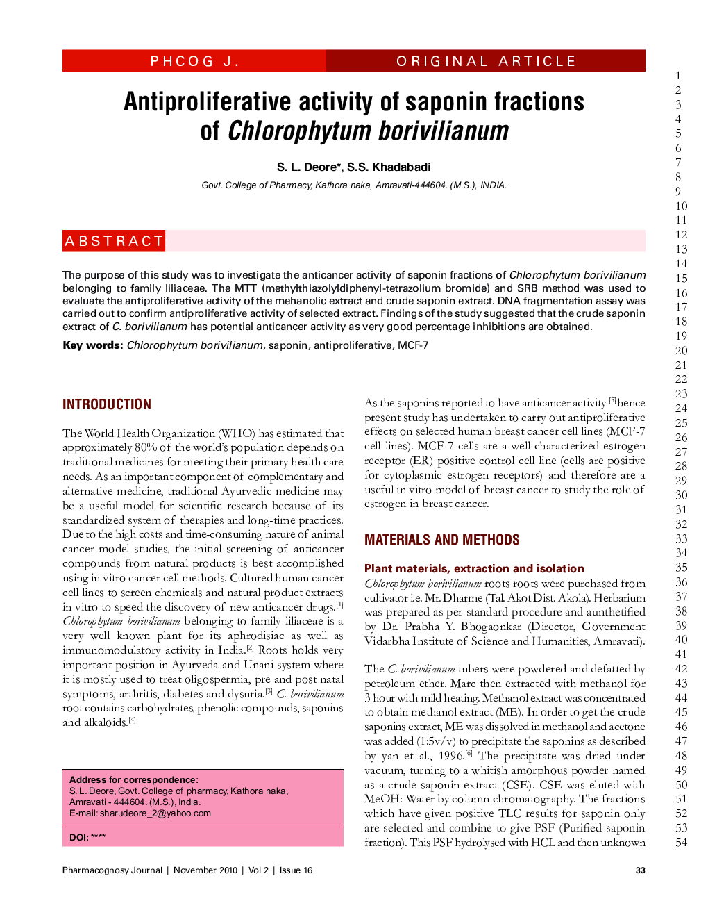 Antiproliferative activity of saponin fractions of Chlorophytum borivilianum