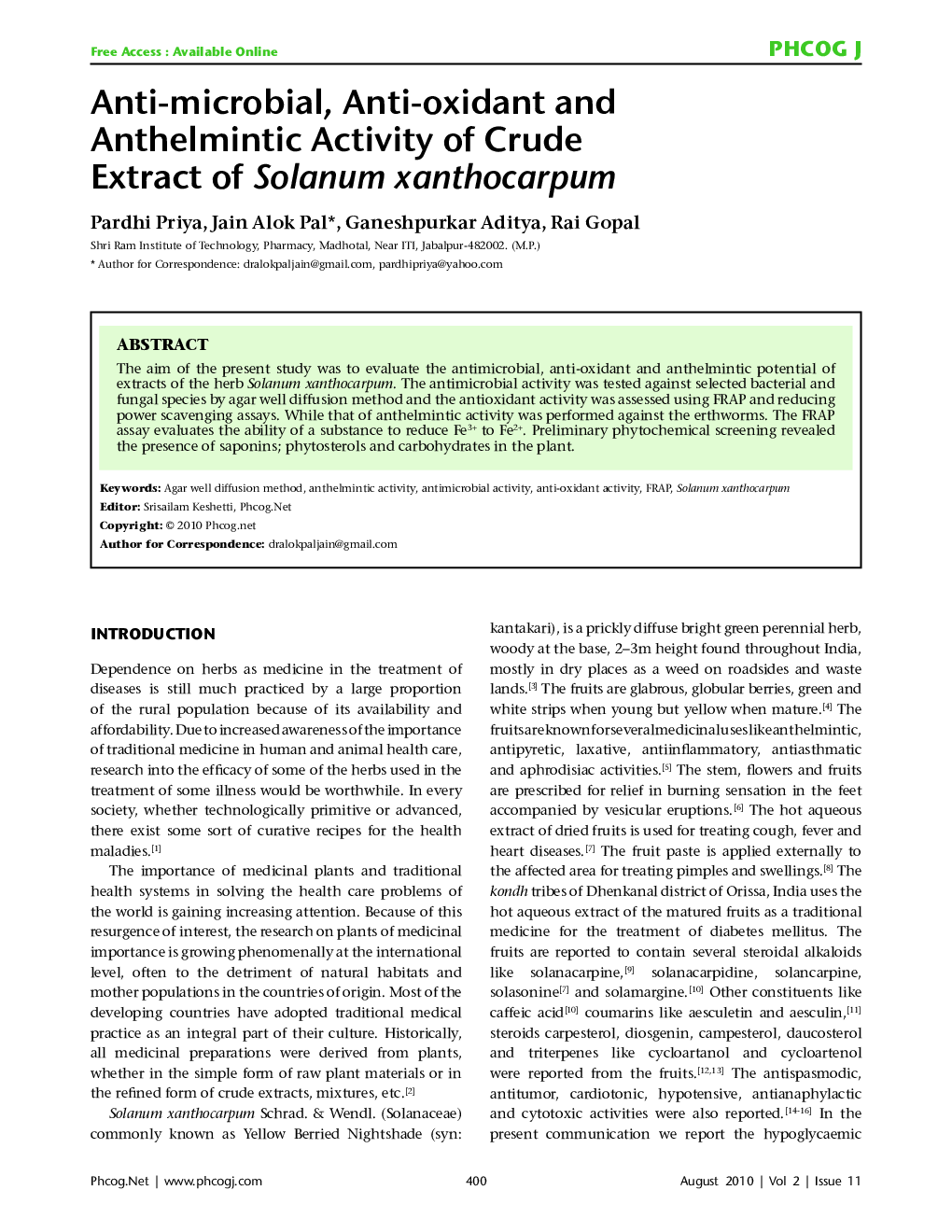 Anti-microbial, Anti-oxidant and Anthelmintic Activity of Crude Extract of Solanum xanthocarpum