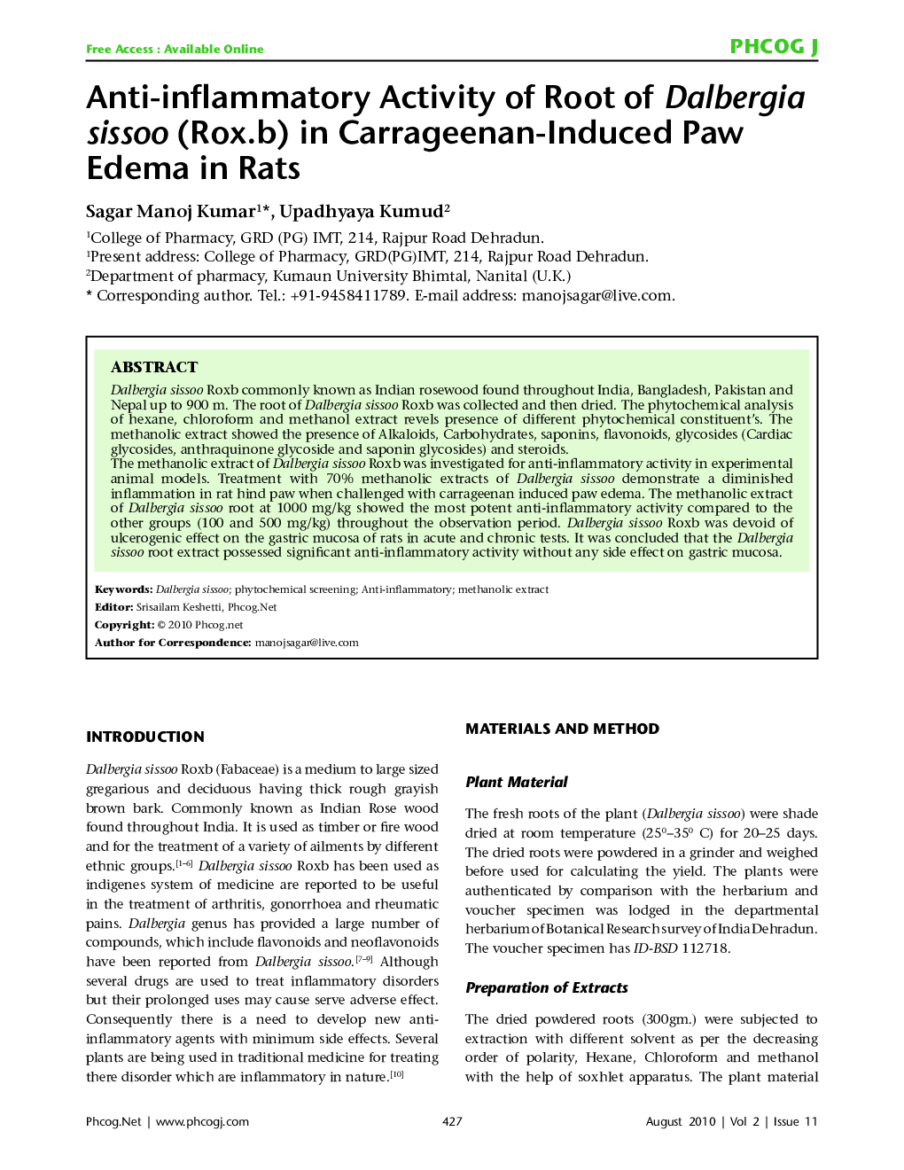 Anti-inflammatory Activity of Root of Dalbergia sissoo (Rox.b) in Carrageenan-Induced Paw Edema in Rats