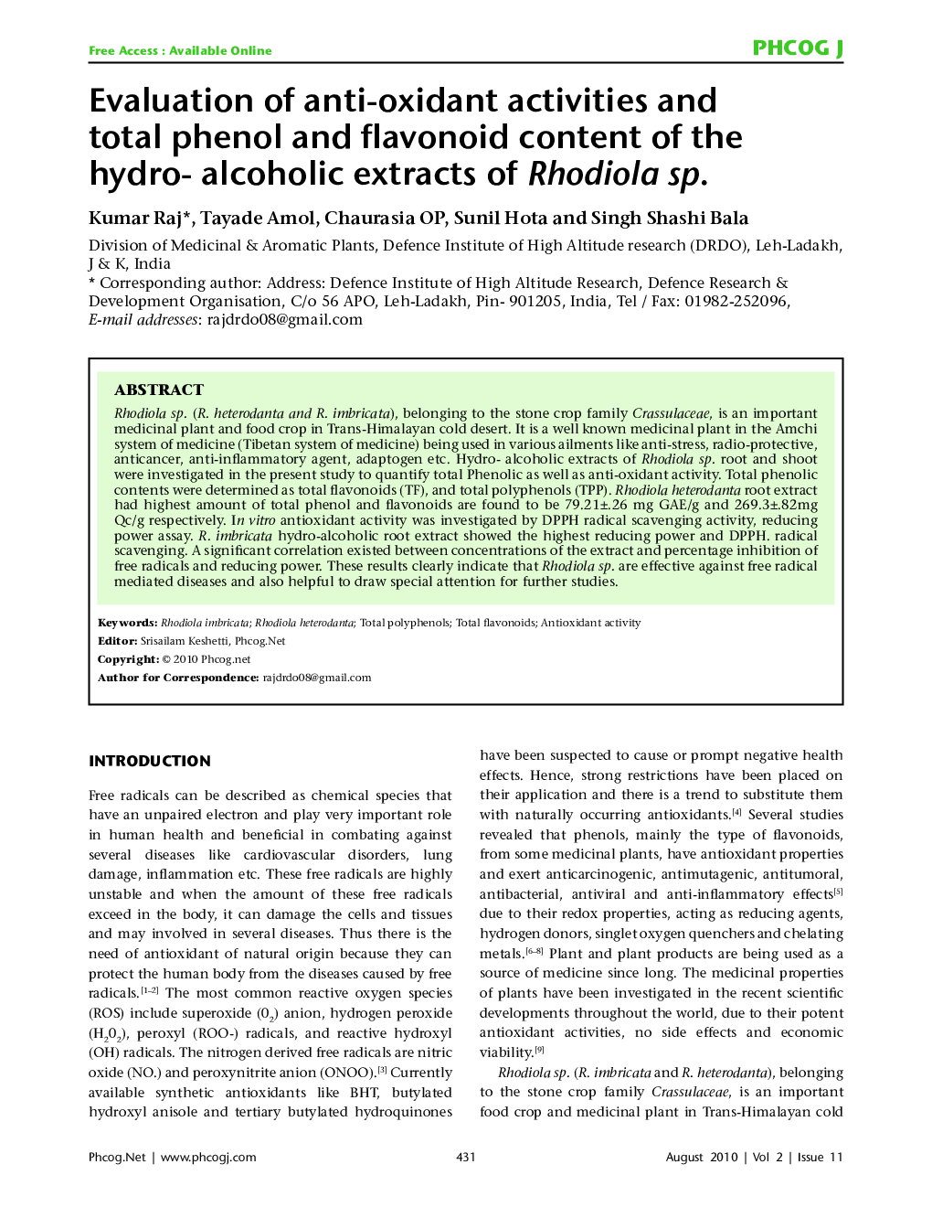 Evaluation of anti-oxidant activities and total phenol and flavonoid content of the hydro-alcoholic extracts of Rhodiola sp.