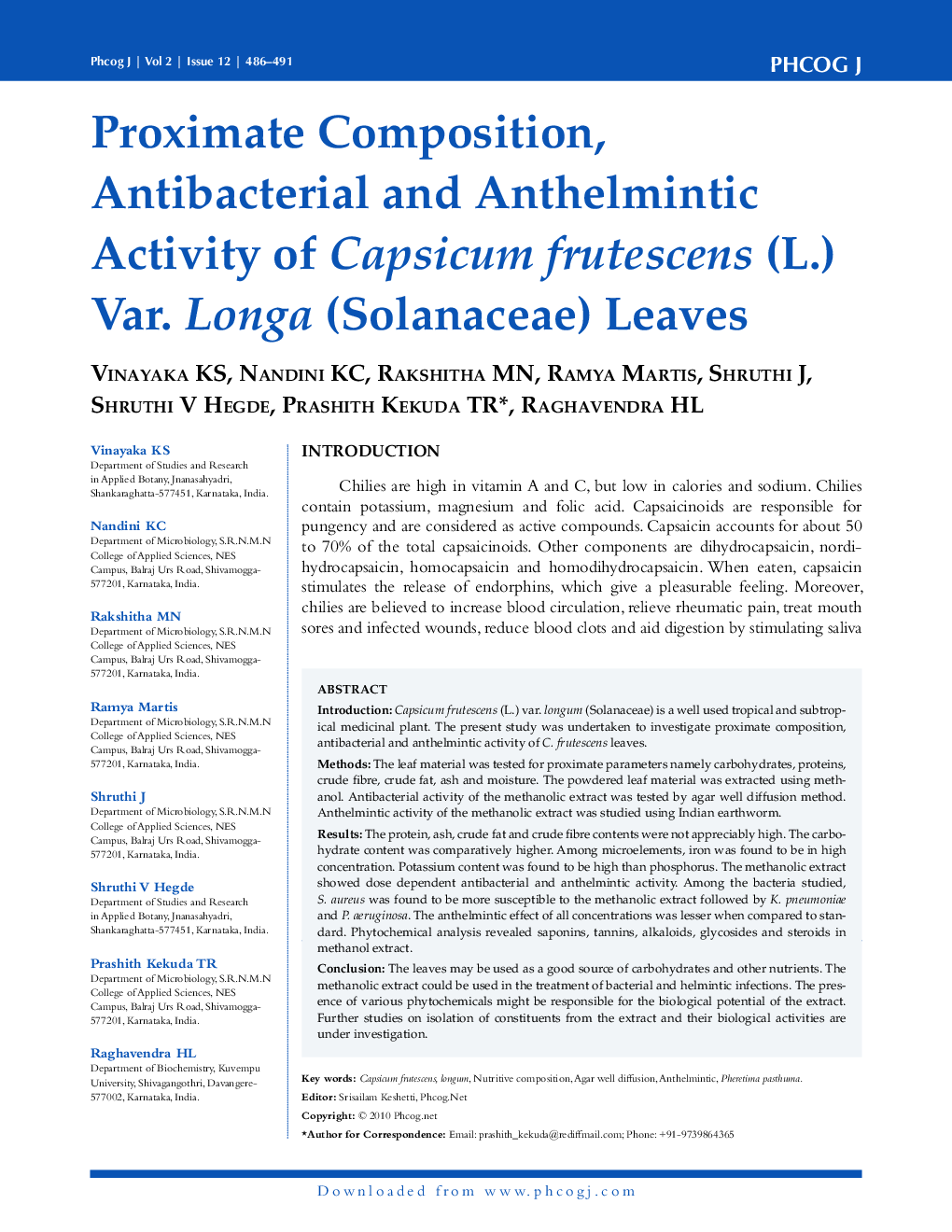 Proximate Composition, Antibacterial and Anthelmintic Activity of Capsicum frutescens (L.) Var. Longa (Solanaceae) Leaves