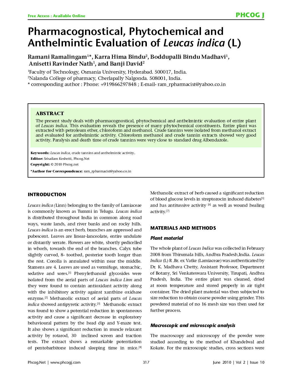 عکس صفحه اول مقاله: Pharmacognostical, Phytochemical and Anthelmintic Evaluation of Leucas indica (L) Pharmacognostical, Phytochemical and Anthelmintic Evaluation of Leucas indica (L)
