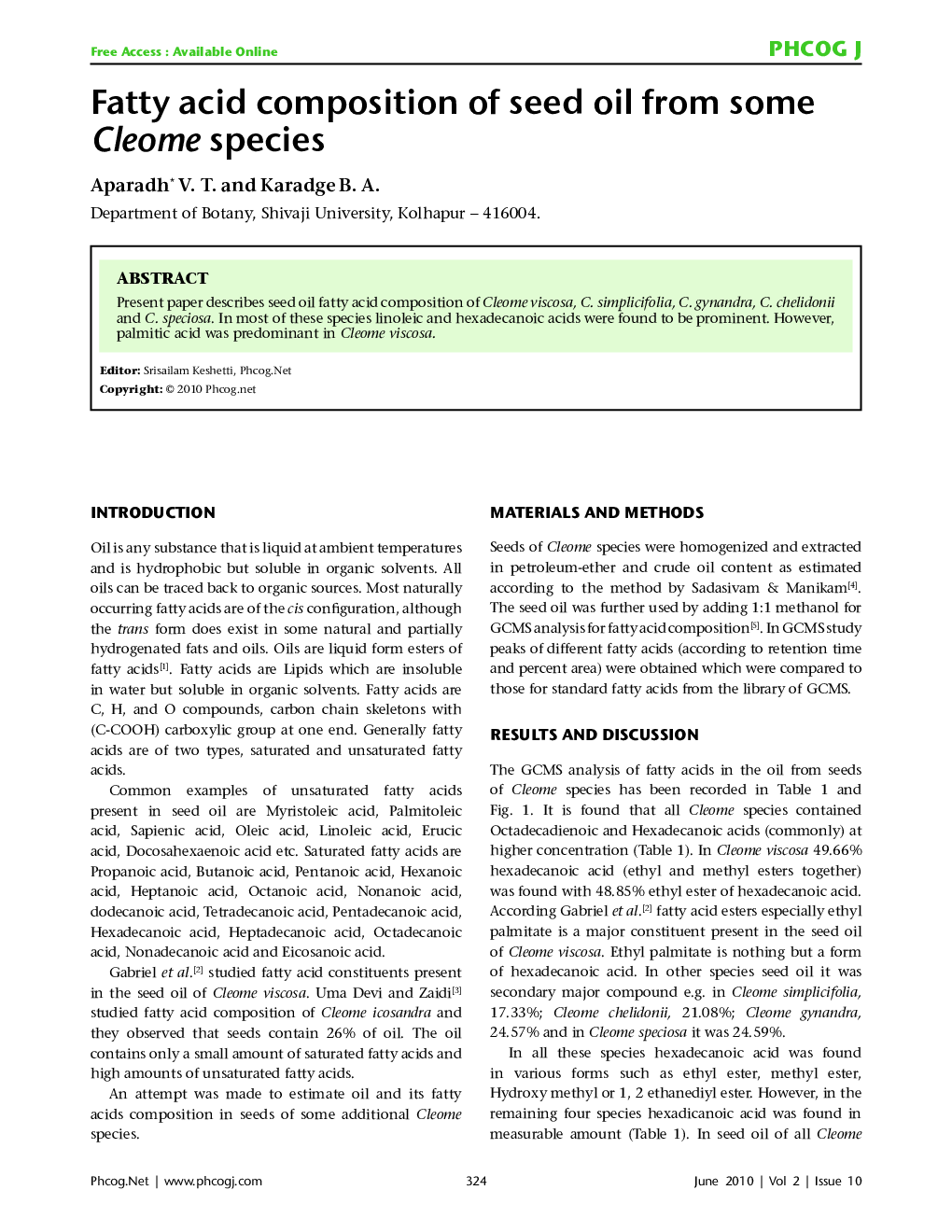 عکس صفحه اول مقاله: Fatty acid composition of seed oil from some Cleome species Fatty acid composition of seed oil from some Cleome species
