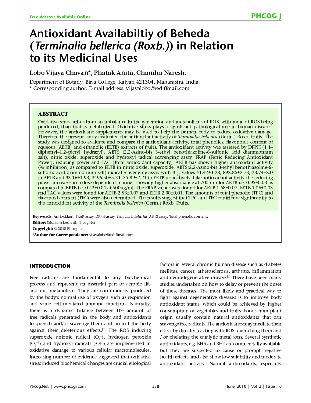 Antioxidant Availabiltiy of Beheda (Terminalia bellerica (Roxb.)) in Relation to its Medicinal Uses