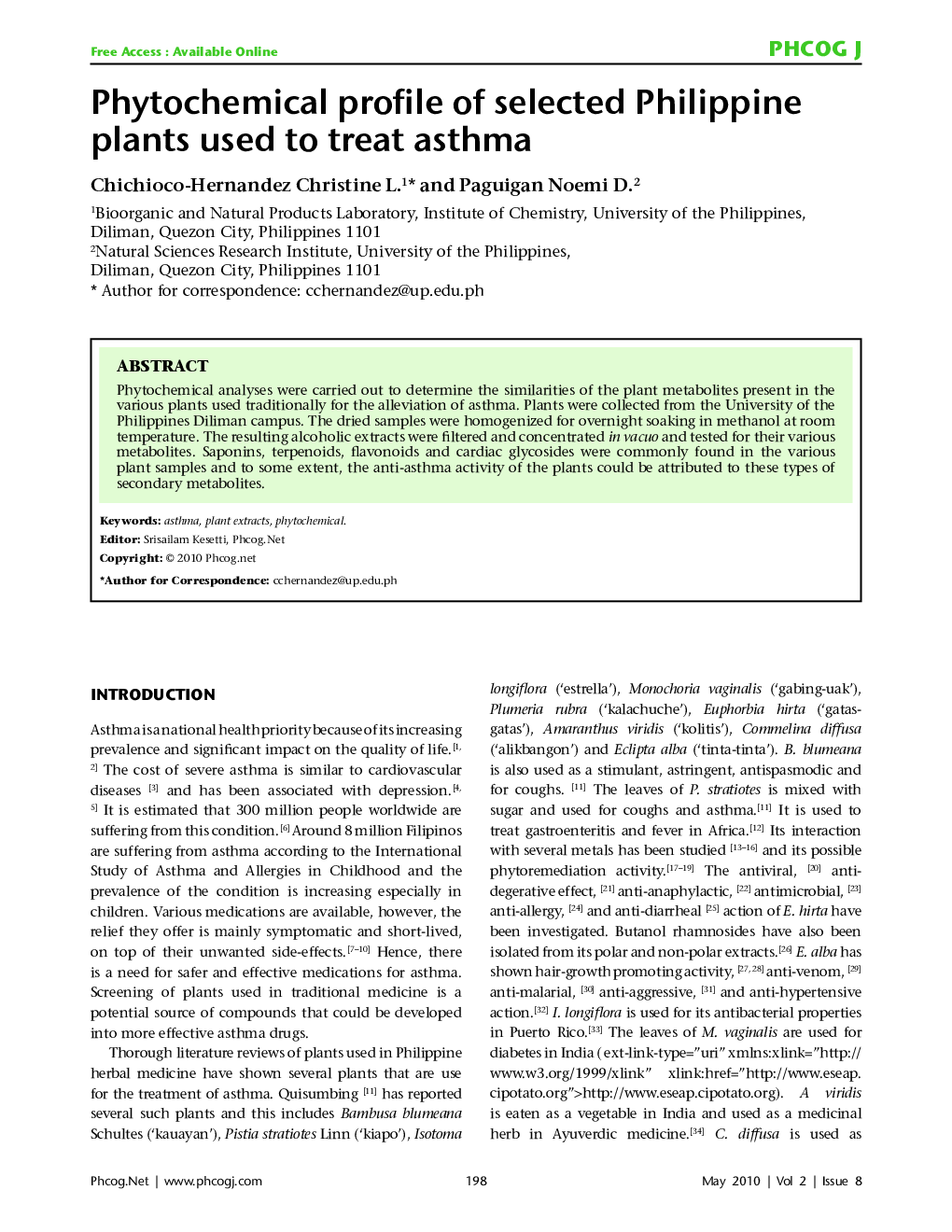 Phytochemical profile of selected Philippine plants used to treat asthma