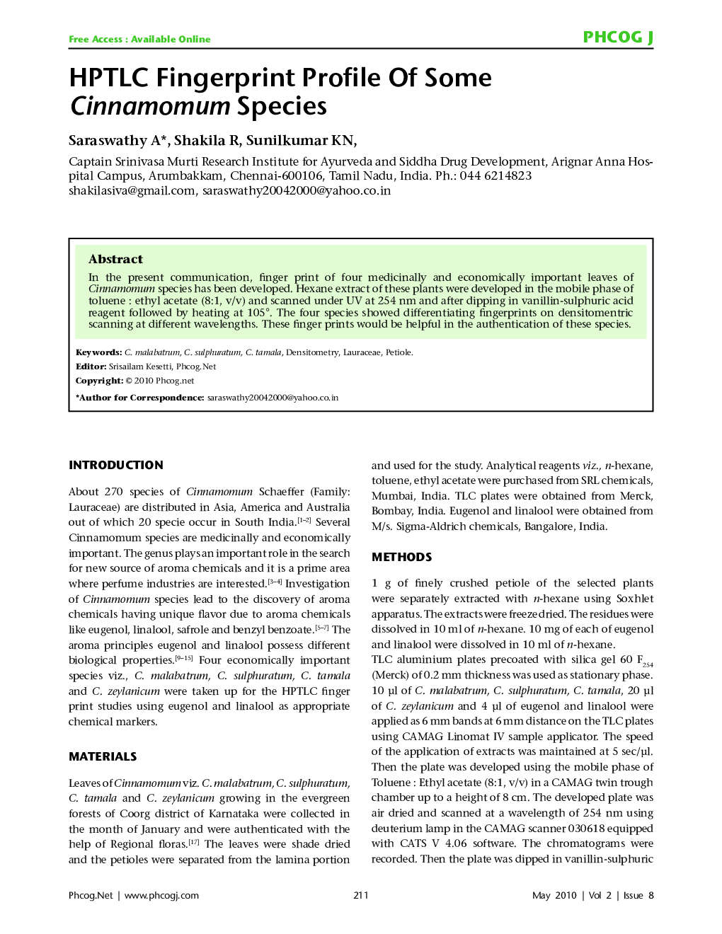 HPTLC Fingerprint Profile Of Some Cinnamomum Species