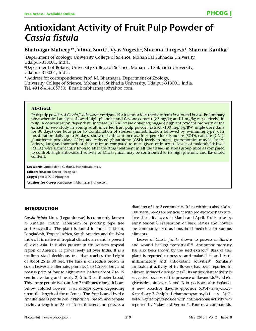 عکس صفحه اول مقاله: Antioxidant Activity of Fruit Pulp Powder of Cassia fistula Antioxidant Activity of Fruit Pulp Powder of Cassia fistula