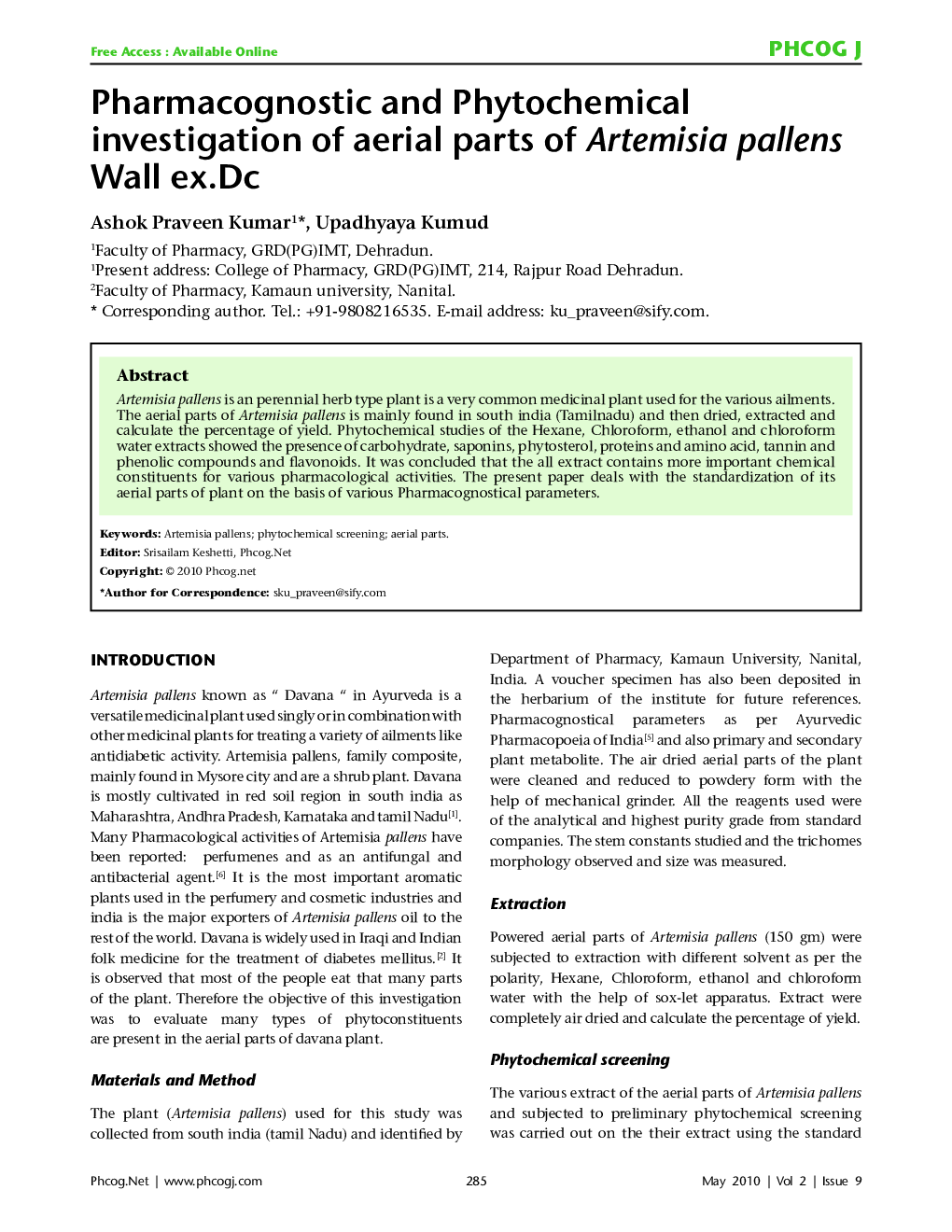 Pharmacognostic and Phytochemical investigation of aerial parts of Artemisia pallens Wall ex.Dc