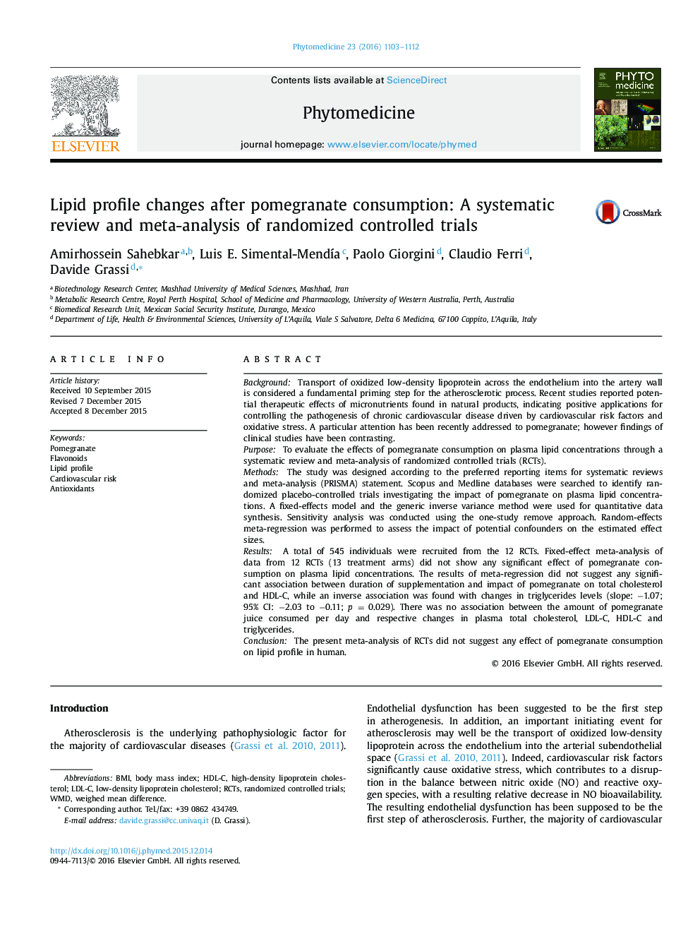 Lipid profile changes after pomegranate consumption: A systematic review and meta-analysis of randomized controlled trials