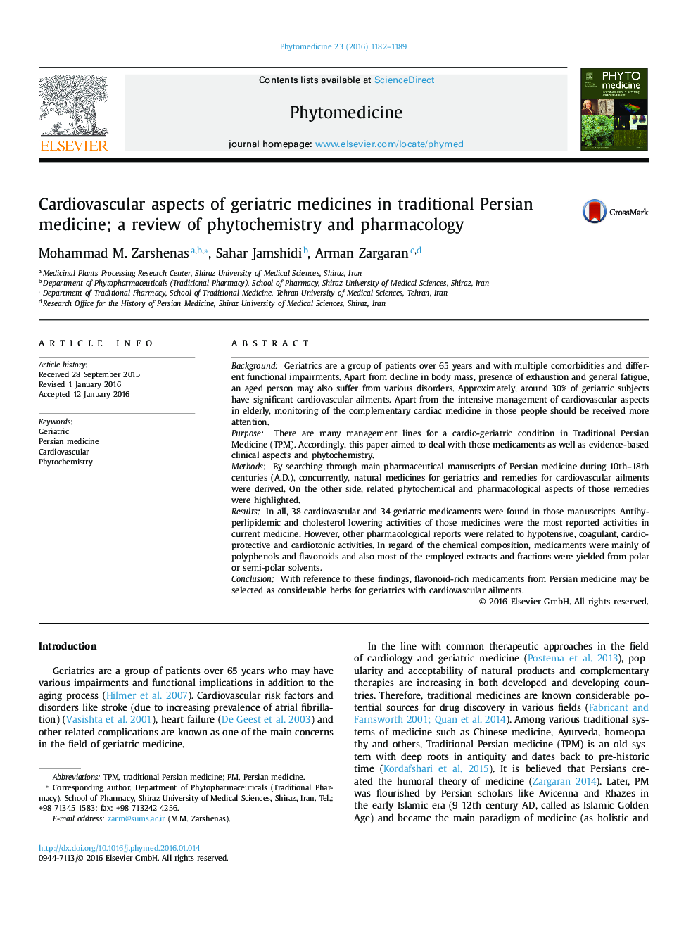 Cardiovascular aspects of geriatric medicines in traditional Persian medicine; a review of phytochemistry and pharmacology