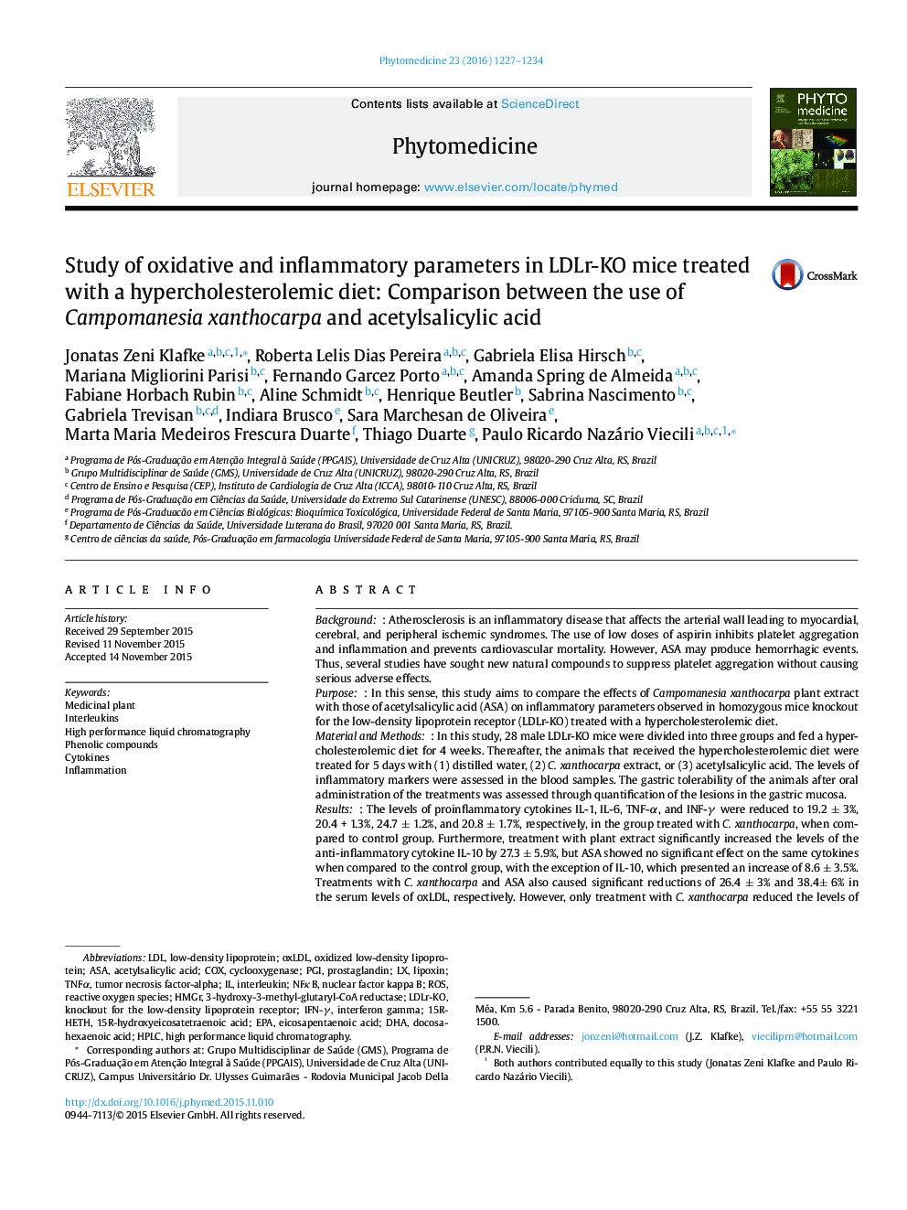 بررسی پارامترهای اکسیداتیو و التهاب در موش LDLR-KO تحت درمان با رژیم پرکلسترول: مقایسه بین استفاده از xanthocarpa Campomanesia و اسید استیل