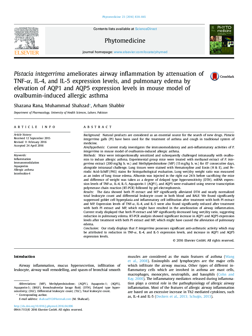 Pistacia integerrima ameliorates airway inflammation by attenuation of TNF-α, IL-4, and IL-5 expression levels, and pulmonary edema by elevation of AQP1 and AQP5 expression levels in mouse model of ovalbumin-induced allergic asthma