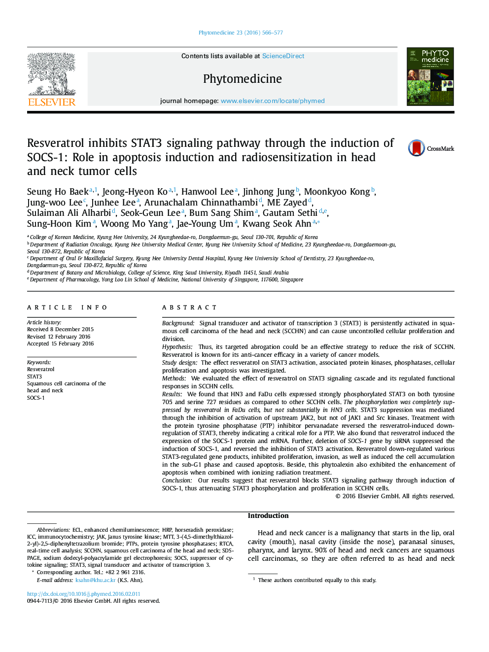 Resveratrol inhibits STAT3 signaling pathway through the induction of SOCS-1: Role in apoptosis induction and radiosensitization in head and neck tumor cells