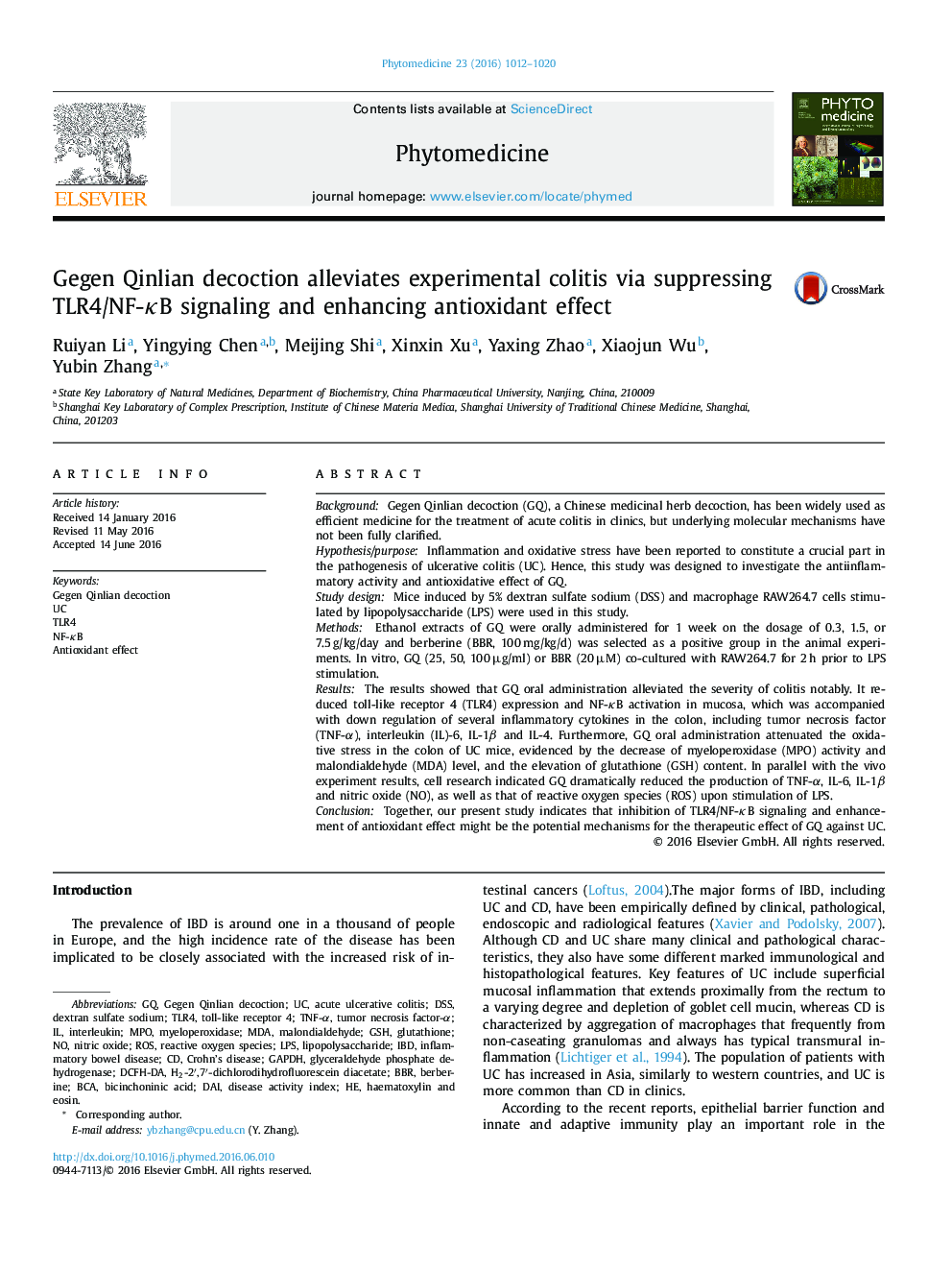Gegen Qinlian decoction alleviates experimental colitis via suppressing TLR4/NF-κB signaling and enhancing antioxidant effect