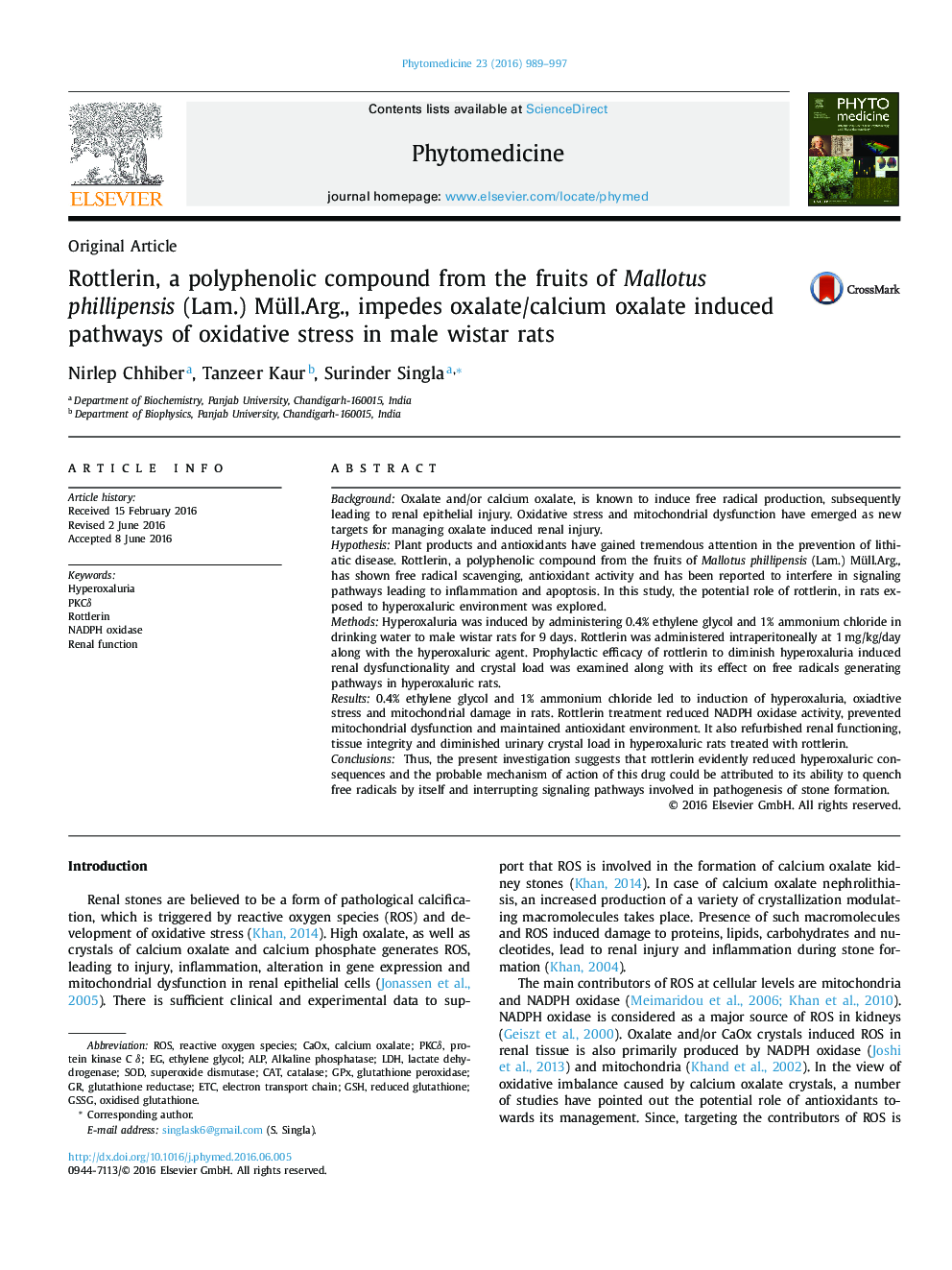 Rottlerin, a polyphenolic compound from the fruits of Mallotus phillipensis (Lam.) Müll.Arg., impedes oxalate/calcium oxalate induced pathways of oxidative stress in male wistar rats