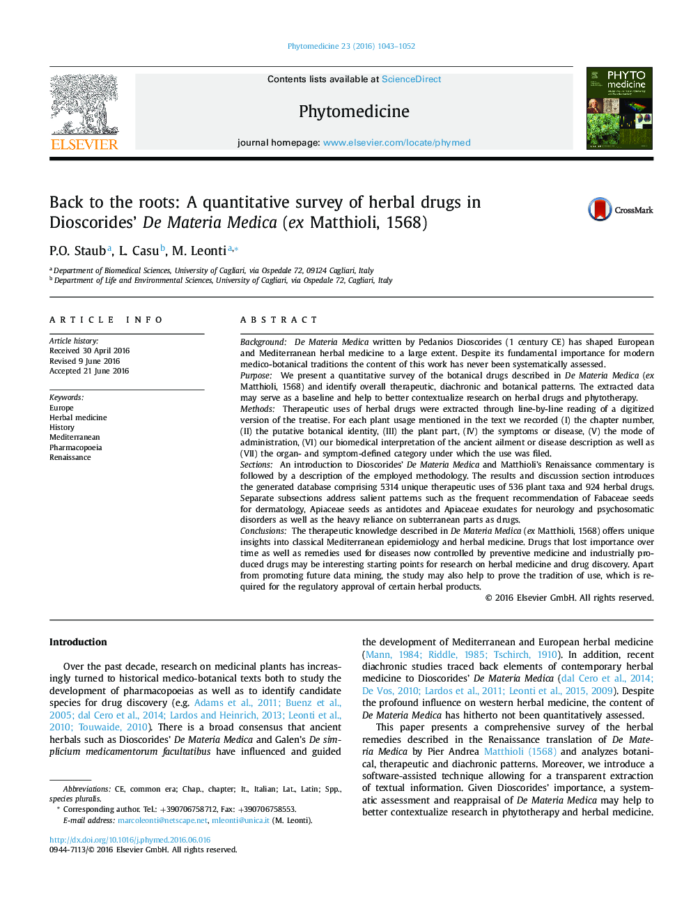 Back to the roots: A quantitative survey of herbal drugs in Dioscorides’ De Materia Medica (ex Matthioli, 1568)