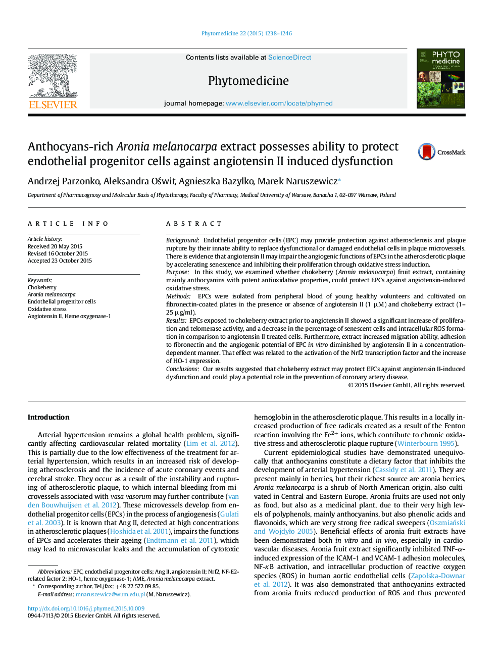 Anthocyans-rich Aronia melanocarpa extract possesses ability to protect endothelial progenitor cells against angiotensin II induced dysfunction