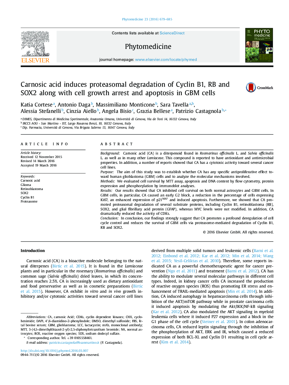 Carnosic acid induces proteasomal degradation of Cyclin B1, RB and SOX2 along with cell growth arrest and apoptosis in GBM cells