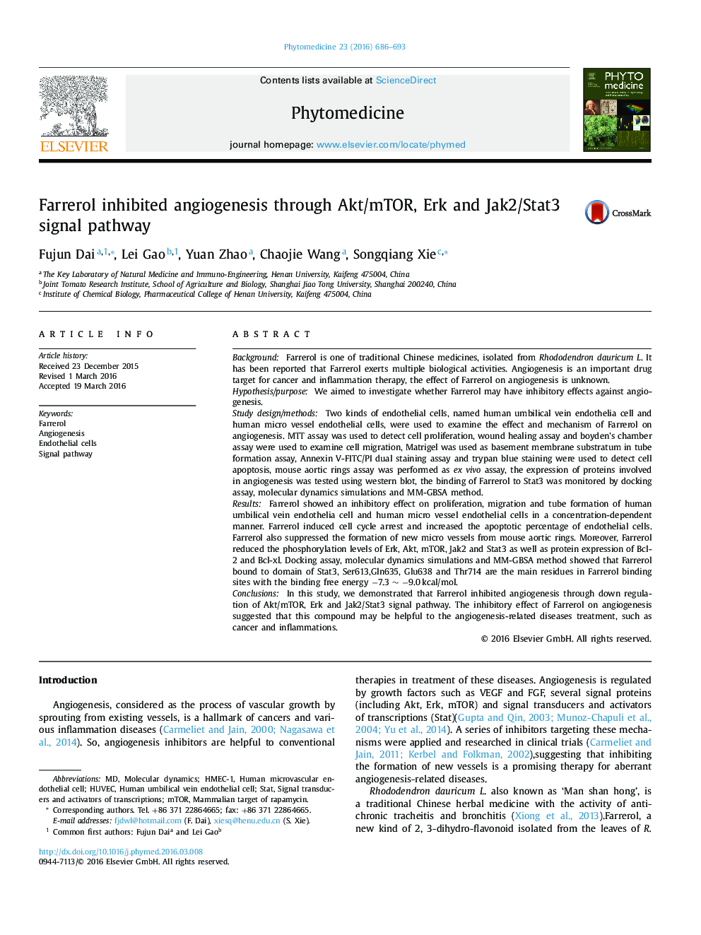 Farrerol inhibited angiogenesis through Akt/mTOR, Erk and Jak2/Stat3 signal pathway